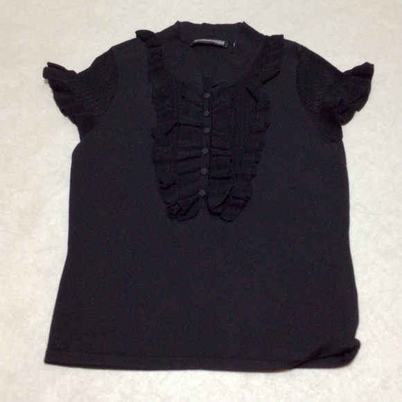 Michelle Nicole Black Short Sleeve Ruffled Shirt, Size Petite Medium - Picture 5 of 9
